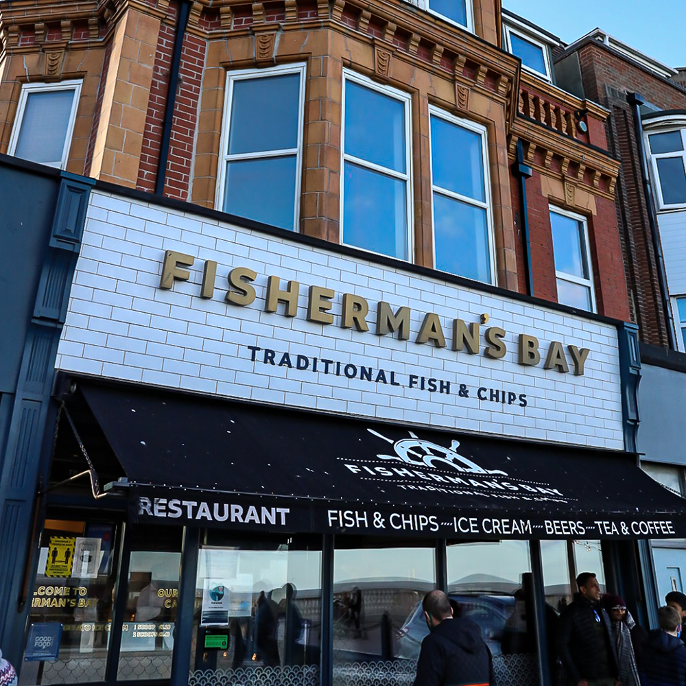 Exterior of Fisherman's Bay Traditional Fish & Chip shop in Whitley Bay